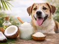 Un perro feliz mira mientras se prepara un festín de coco. ¡Los perros pueden comer coco!