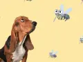 Un basset hound mira con recelo a varios mosquitos animados. ¡Cuidado con la leishmania en perros!