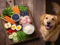 Un perro golden retriever mira con ansias una tabla de madera con ingredientes frescos: pollo, arroz, verduras y frutas. ¡Así es que comen los perros!