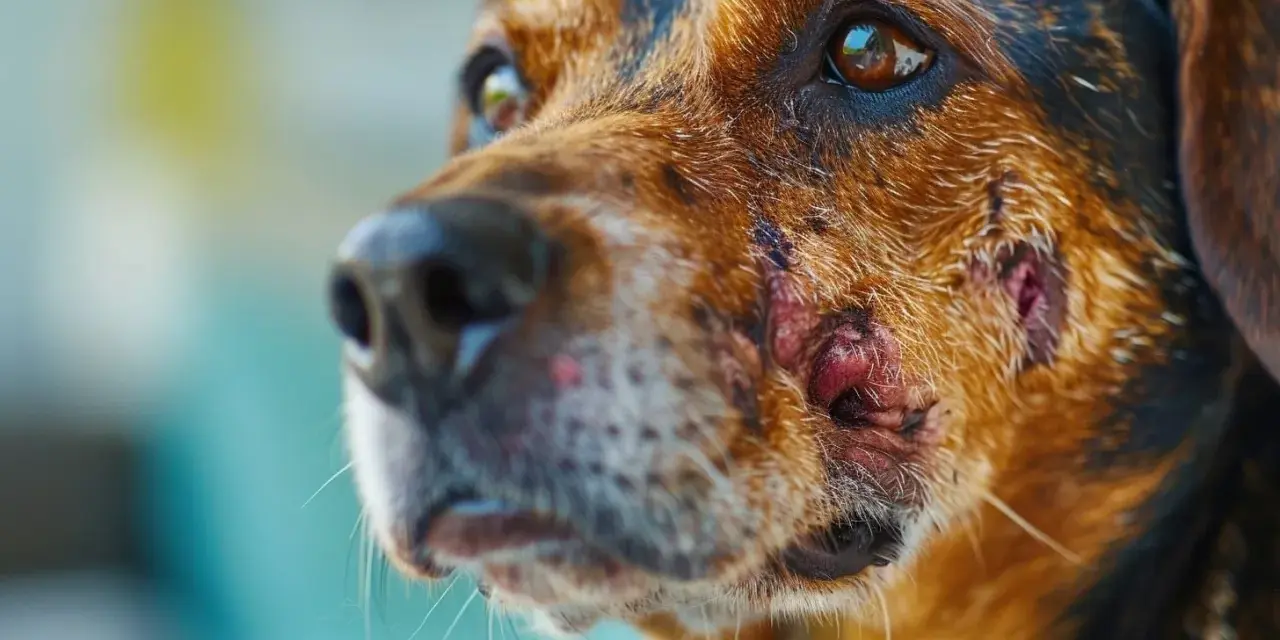 Primer plano de un perro con leishmaniasis, mostrando lesiones cutáneas en su rostro.