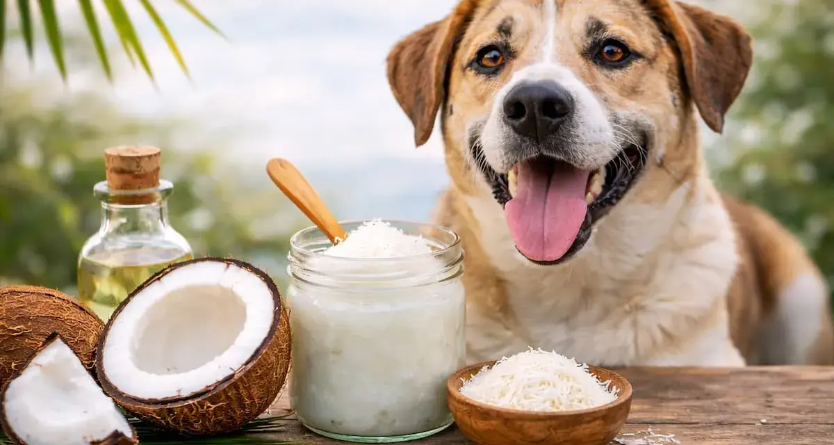 Un perro feliz mira mientras se prepara un festín de coco. ¡Los perros pueden comer coco!