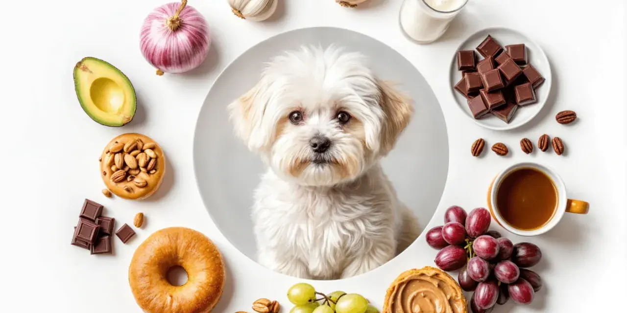 Un bichón maltés mira rodeado de alimentos prohibidos: chocolate, uvas, ajo, cebolla, aguacate, café y lácteos.