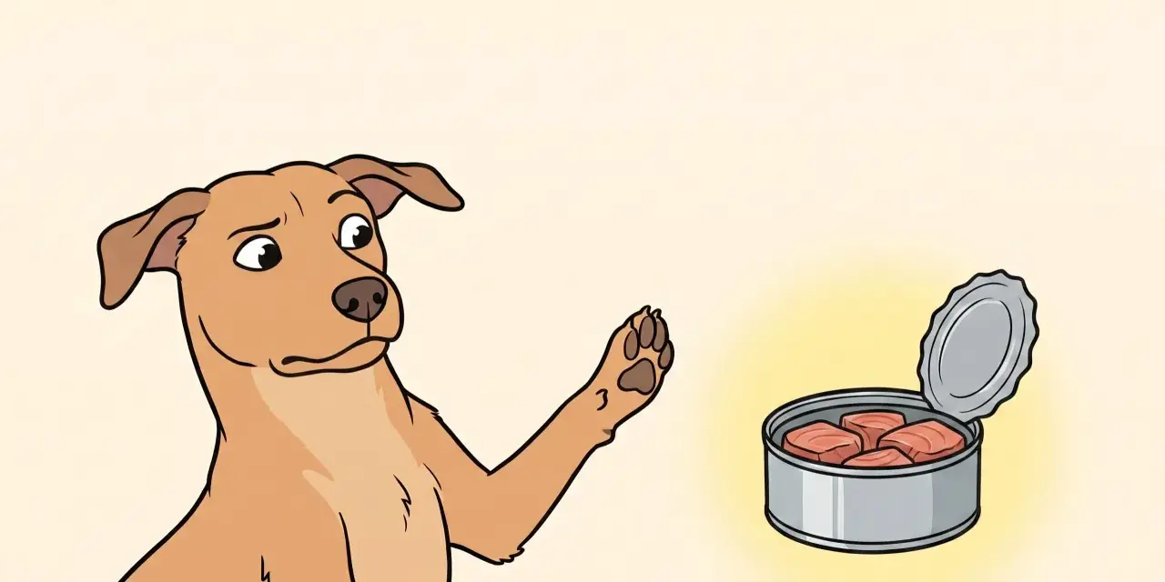 Un perro mira con duda una lata abierta de atún, preguntándose si los perros pueden comer atún.