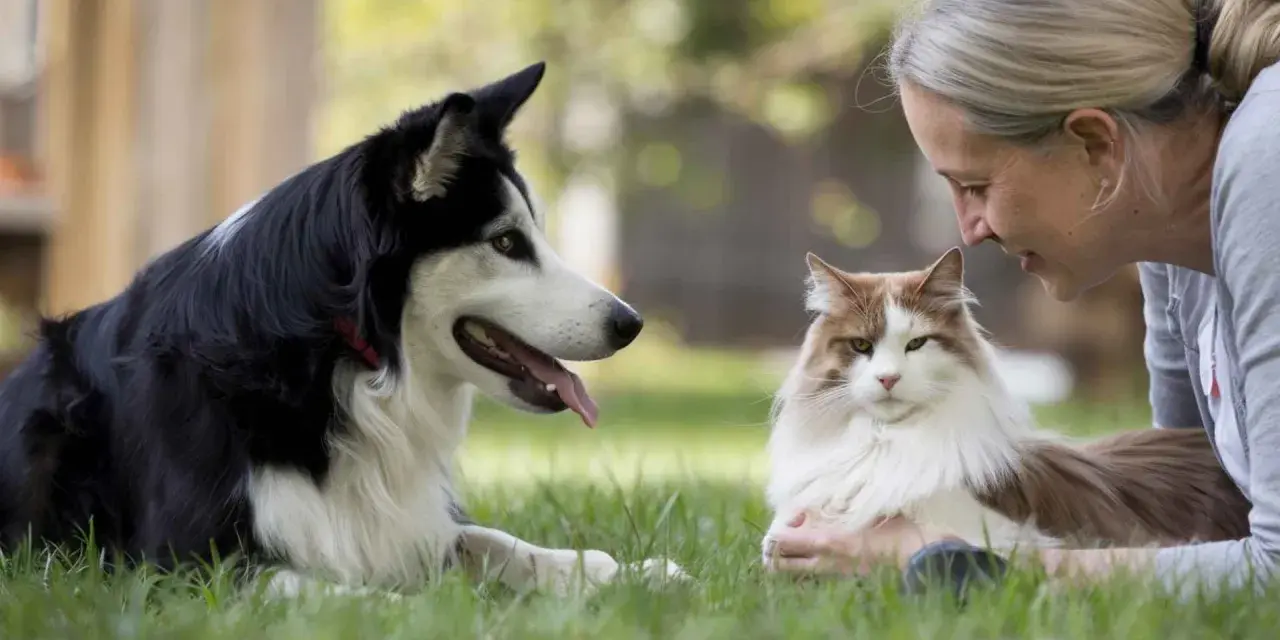 Una mujer sonríe a un gato mientras un perro, entrenado por un educador canino, observa atentamente.