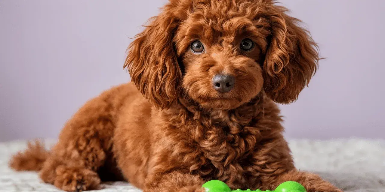 Un adorable caniche toy rojo adulto descansa con su juguete verde favorito.