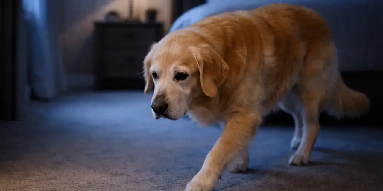 Golden retriever camina por la habitación en la oscuridad. Parece que mi perro no para de dar vueltas por la noche.