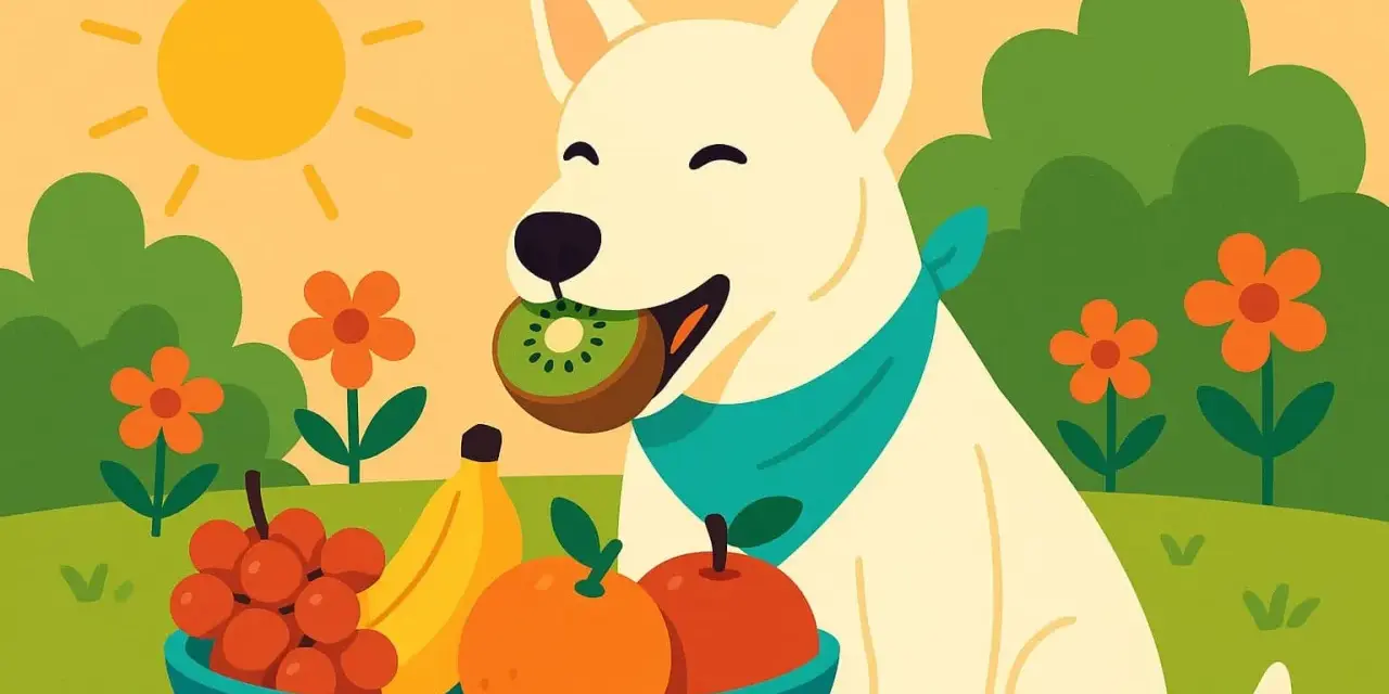 Un perro blanco con un pañuelo azul disfruta de un kiwi. Al lado, un cuenco lleno de frutas y flores naranjas bajo el sol. ¡Los perros pueden comer kiwi!
