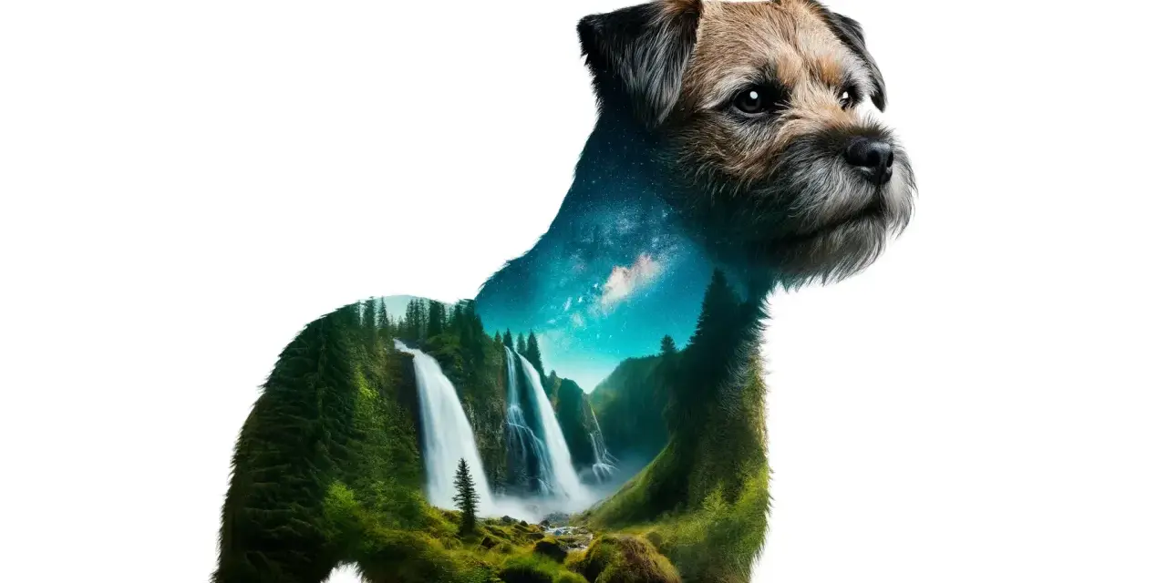 Un border terrier con un paisaje de cascadas y bosque en su interior, y el cielo estrellado en su cuello.