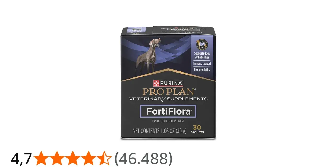 Caja de Purina Pro Plan FortiFlora para perros, que sirve para el soporte digestivo e inmunitario con probióticos vivos.