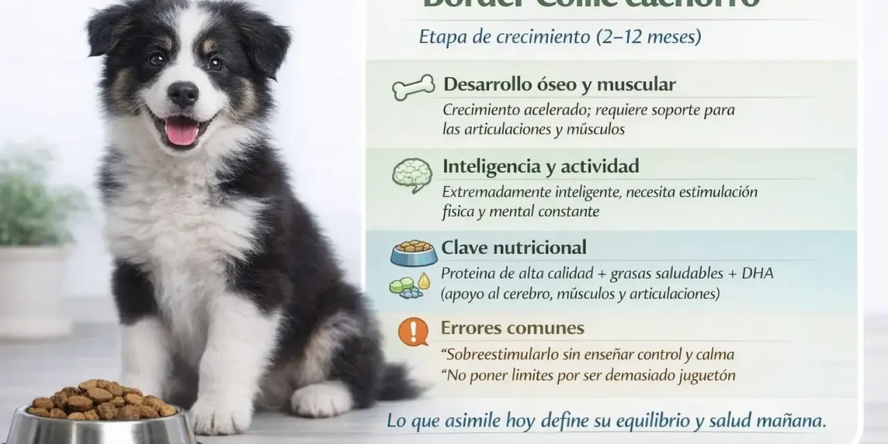 Border Collie cachorro junto a su plato de comida, con información sobre su desarrollo, nutrición y errores comunes.