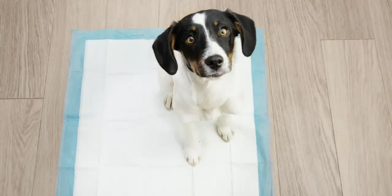 Perro sentado en un empapador, mirándote con cara de "¿por qué mi perro no hace caca en el empapador?".