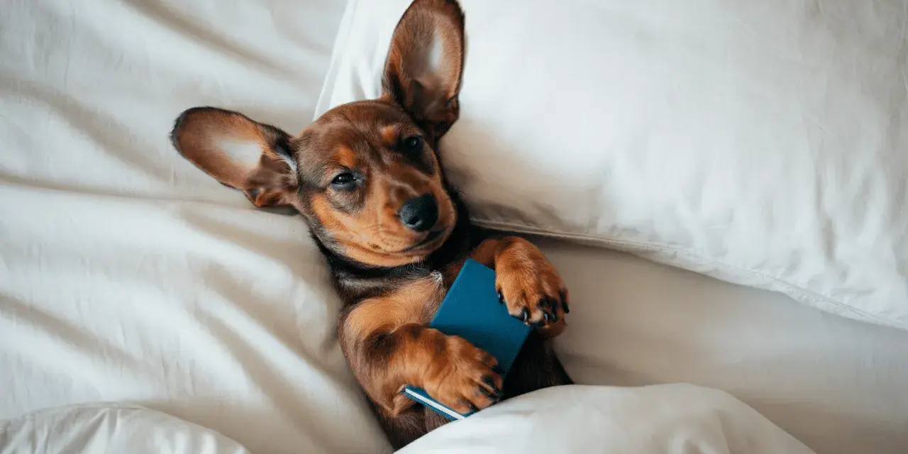 Un cachorro salchicha de 2 meses, acurrucado en la cama con un libro azul, parece preguntarse cuánto duerme un cachorro de 2 meses.