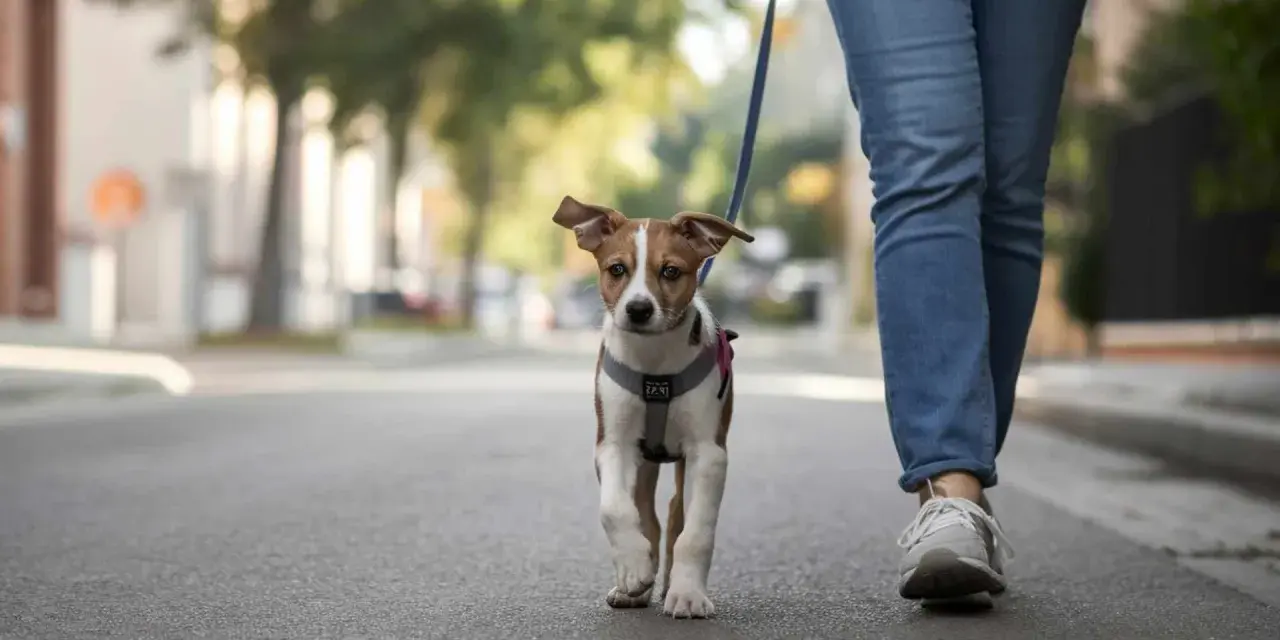 Un cachorro con arnés y correa sale a la calle por primera vez, explorando el mundo junto a su dueño.