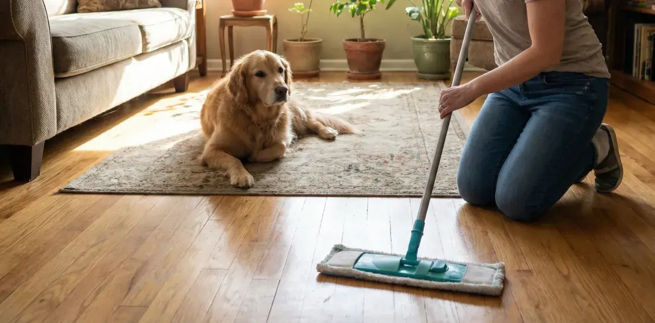 Persona friega el suelo con un mocho mientras su perro descansa. Soluciones para saber con qué fregar el suelo cuando hay perros.