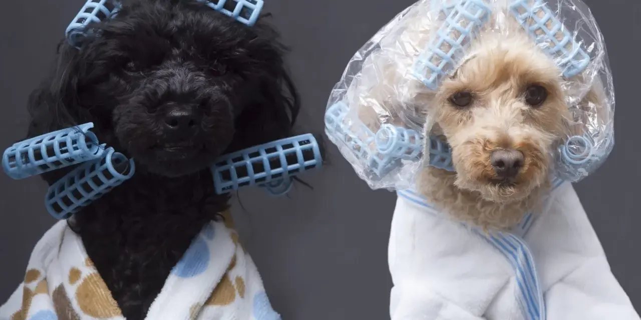Dos caniches toy, uno negro y otro rubio, con rulos y batas, listos para unos cortes de pelo caniche toy.