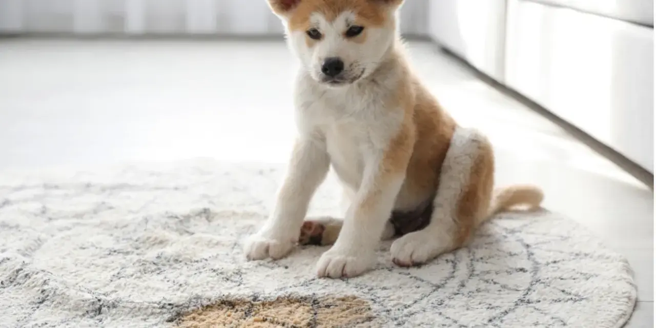 Cachorro Akita sentado en alfombra con mancha de orina. Aprende como quitar el olor a pis de perro para mantener tu hogar fresco.