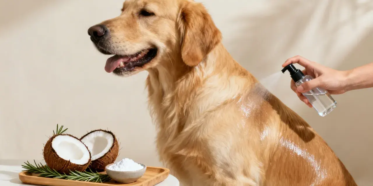 Golden retriever recibe spray para pelo. Ingredientes naturales como coco y romero sugieren cómo quitar rastas a un perro.
