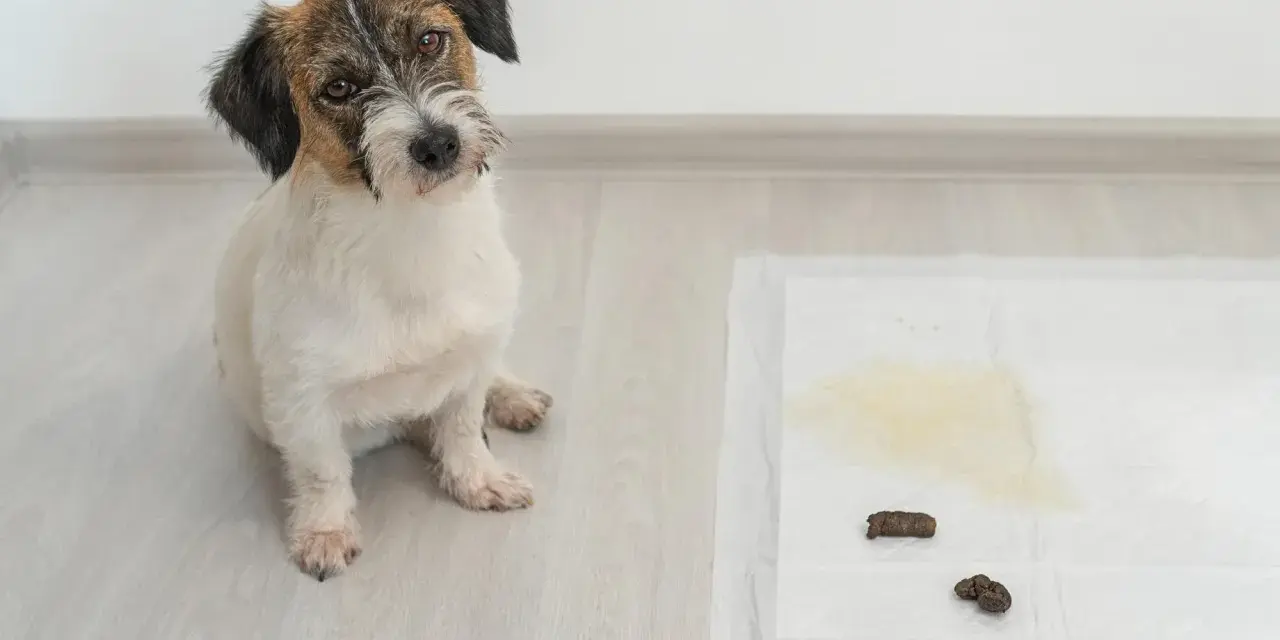 Un cachorro mira a la cámara junto a una alfombrilla de entrenamiento con excrementos. Un recordatorio de que hay que saber como enseñar a un cachorro a hacer sus necesidades en la calle.
