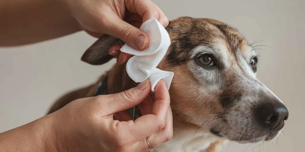 Manos limpian orejas perro con una toallita blanca. Cuidado e higiene para tu mascota.