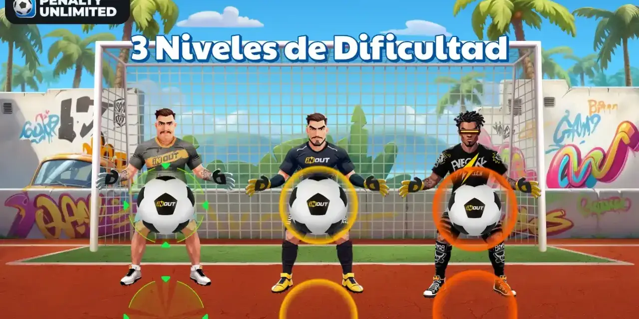 El juego de tiros de penalti: cada multiplicador. Tres porteros listos para detener balones en un campo de fútbol con palmeras y grafitis.