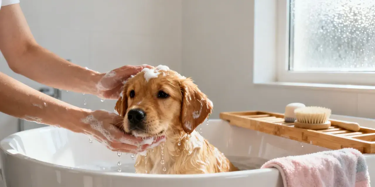 Un cachorro golden retriever recibe su primer baño en una bañera. Es el momento perfecto para bañar a un cachorro cuando está sucio.