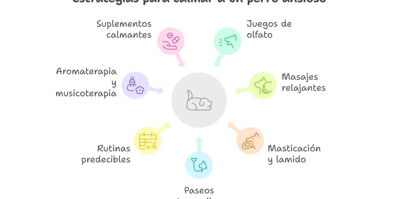 Estrategias para calmar a un perro ansioso: suplementos, aromaterapia, juegos, masajes, masticación, paseos y rutinas predecibles.