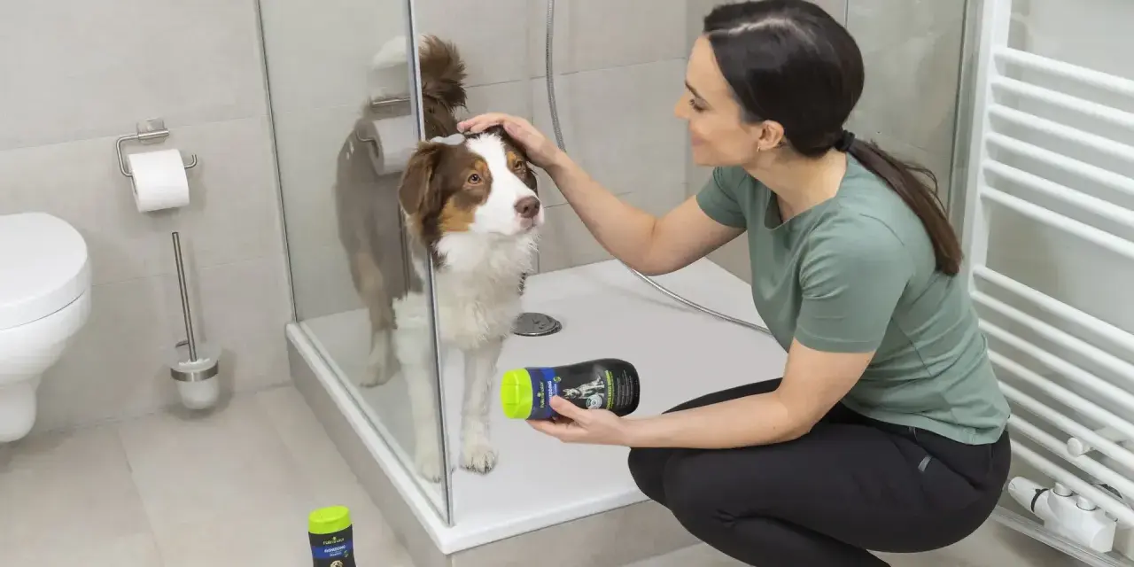Mujer acaricia a su perro mientras lo baña en la ducha, sosteniendo un champú especial para mascotas.