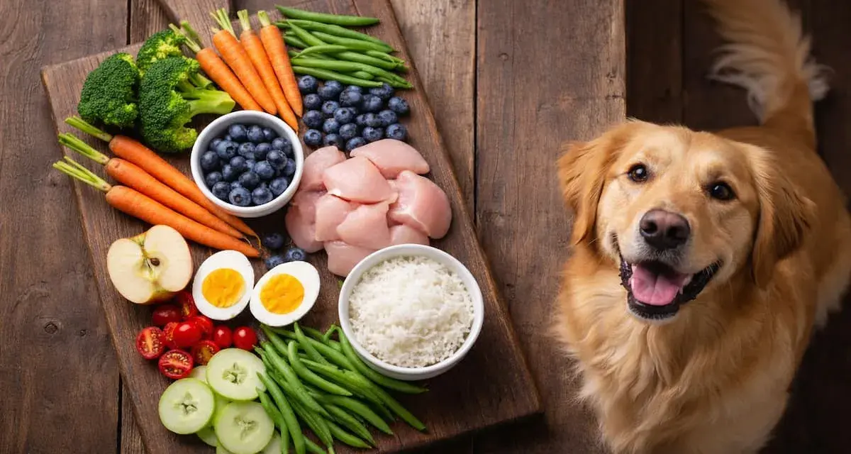 Un perro golden retriever mira con ansias una tabla de madera con ingredientes frescos: pollo, arroz, verduras y frutas. ¡Así es que comen los perros!