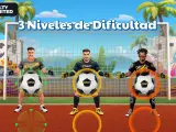 El juego de tiros de penalti: cada multiplicador. Tres porteros listos para detener balones en un campo de fútbol con palmeras y grafitis.