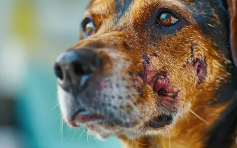Primer plano de un perro con leishmaniasis, mostrando lesiones cutáneas en su rostro.