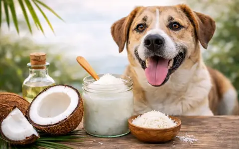 Un perro feliz mira mientras se prepara un festín de coco. ¡Los perros pueden comer coco!