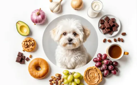 Un bichón maltés mira rodeado de alimentos prohibidos: chocolate, uvas, ajo, cebolla, aguacate, café y lácteos.