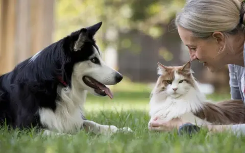 Una mujer sonríe a un gato mientras un perro, entrenado por un educador canino, observa atentamente.