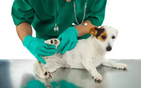 Veterinario revisa a un perro en busca de una garrapata.