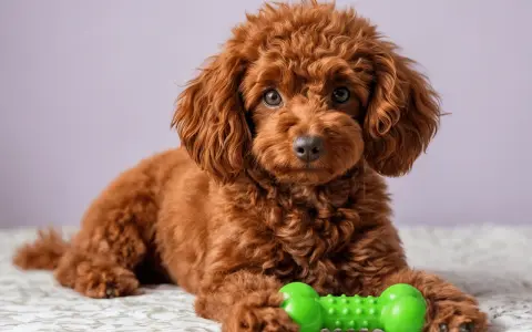Un adorable caniche toy rojo adulto descansa con su juguete verde favorito.