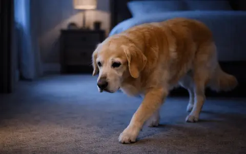 Golden retriever camina por la habitación en la oscuridad. Parece que mi perro no para de dar vueltas por la noche.