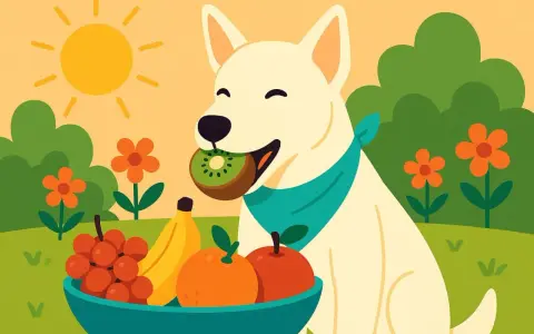 Un perro blanco con un pañuelo azul disfruta de un kiwi. Al lado, un cuenco lleno de frutas y flores naranjas bajo el sol. ¡Los perros pueden comer kiwi!