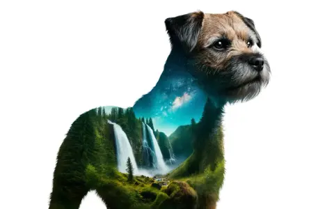 Un border terrier con un paisaje de cascadas y bosque en su interior, y el cielo estrellado en su cuello.