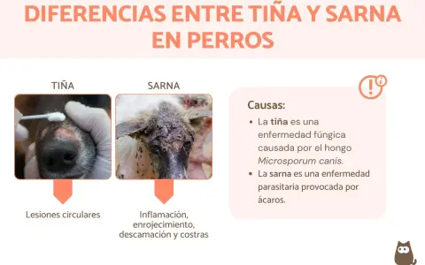 Comparativa visual de la diferencia entre sarna y tiña en perros: tiña con lesiones circulares y sarna con inflamación, enrojecimiento y costras.
