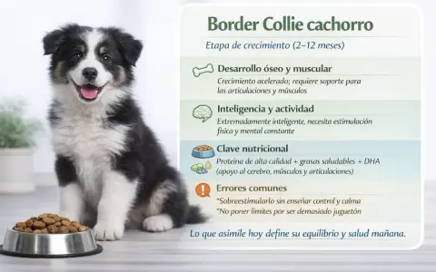 Border Collie cachorro junto a su plato de comida, con información sobre su desarrollo, nutrición y errores comunes.