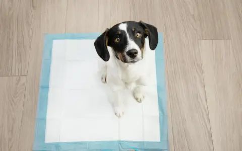 Perro sentado en un empapador, mirándote con cara de "¿por qué mi perro no hace caca en el empapador?".