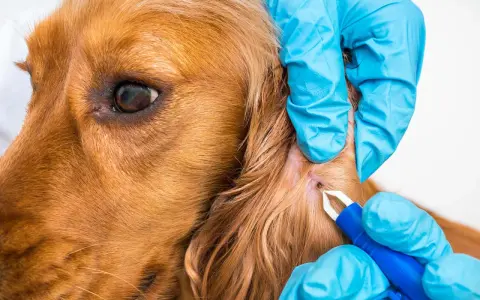 Veterinario retira una garrapata de la oreja de un perro. Existen varios tipos de garrapatas que pueden afectar a nuestras mascotas.