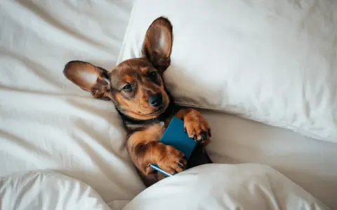 Un cachorro salchicha de 2 meses, acurrucado en la cama con un libro azul, parece preguntarse cuánto duerme un cachorro de 2 meses.