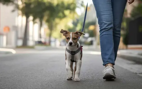 Un cachorro con arnés y correa sale a la calle por primera vez, explorando el mundo junto a su dueño.