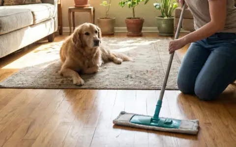 Persona friega el suelo con un mocho mientras su perro descansa. Soluciones para saber con qué fregar el suelo cuando hay perros.