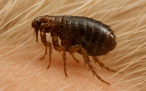 Un primer plano de pulgas negras, parásitos diminutos con patas espinosas, sobre piel y pelo.