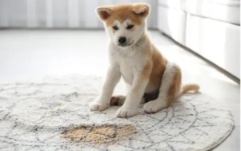 Cachorro Akita sentado en alfombra con mancha de orina. Aprende como quitar el olor a pis de perro para mantener tu hogar fresco.