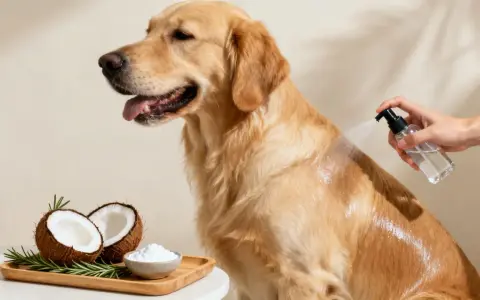 Golden retriever recibe spray para pelo. Ingredientes naturales como coco y romero sugieren cómo quitar rastas a un perro.