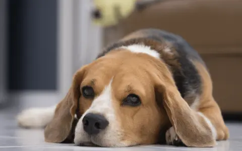 Un beagle triste y cansado, quizás afectado por giardia en perros, descansa en el suelo.