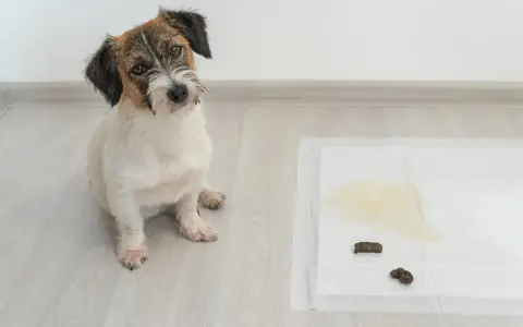 Un cachorro mira a la cámara junto a una alfombrilla de entrenamiento con excrementos. Un recordatorio de que hay que saber como enseñar a un cachorro a hacer sus necesidades en la calle.